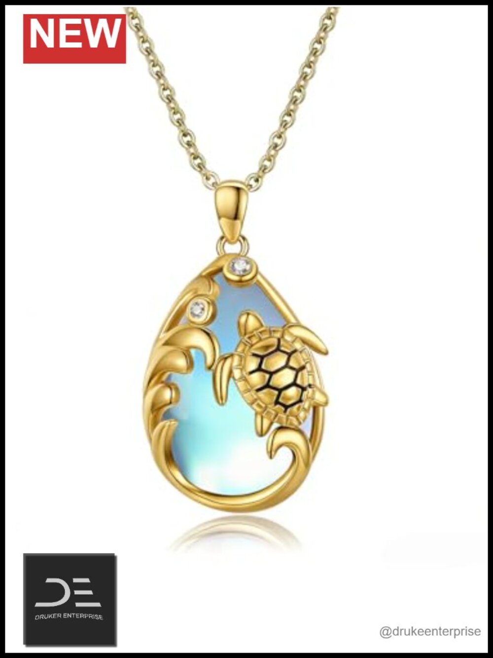 14K Gold Plated Sea Turtle Pendant Necklace Women Summer Ocean Moonstone Jewelry